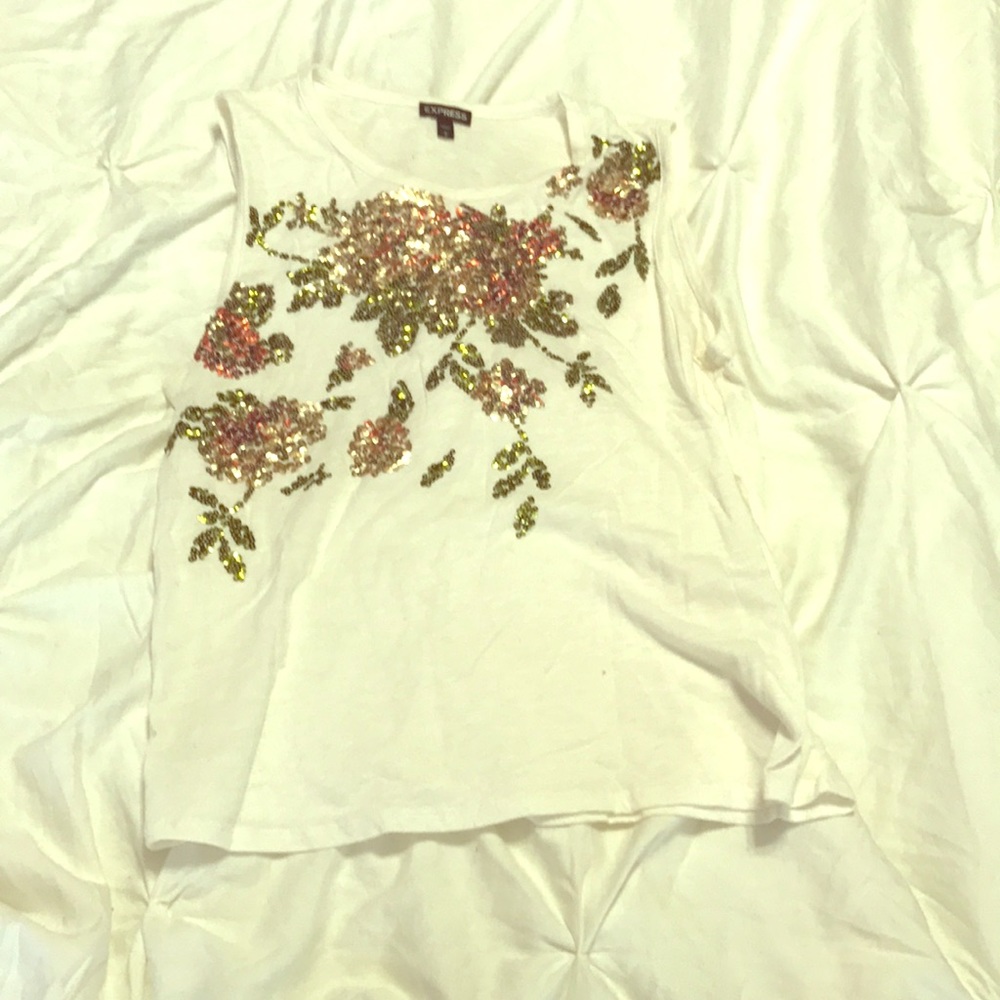 Express White Tank with Flower Pattern Beading